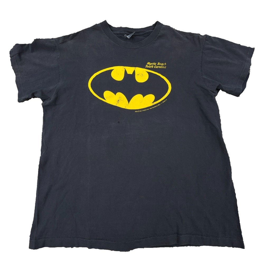 Vintage Batman Shirt Men Large Black 80s 90s Single Stitch Tee Faded Bat Signal*